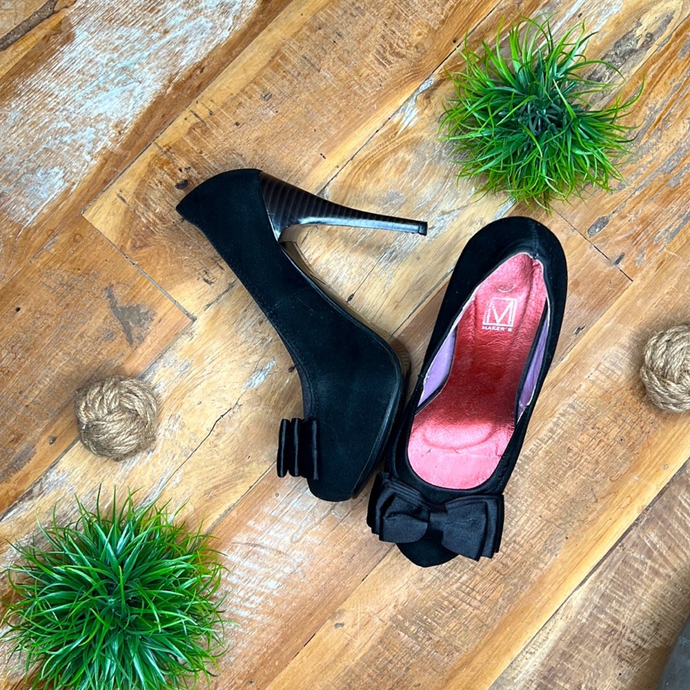 Maker’s black faux suede with a bow
